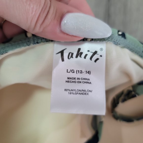 Tahiti boho floral one piece swimsuit floral blue yellow tan size Large 12-14 - Picture 5 of 6